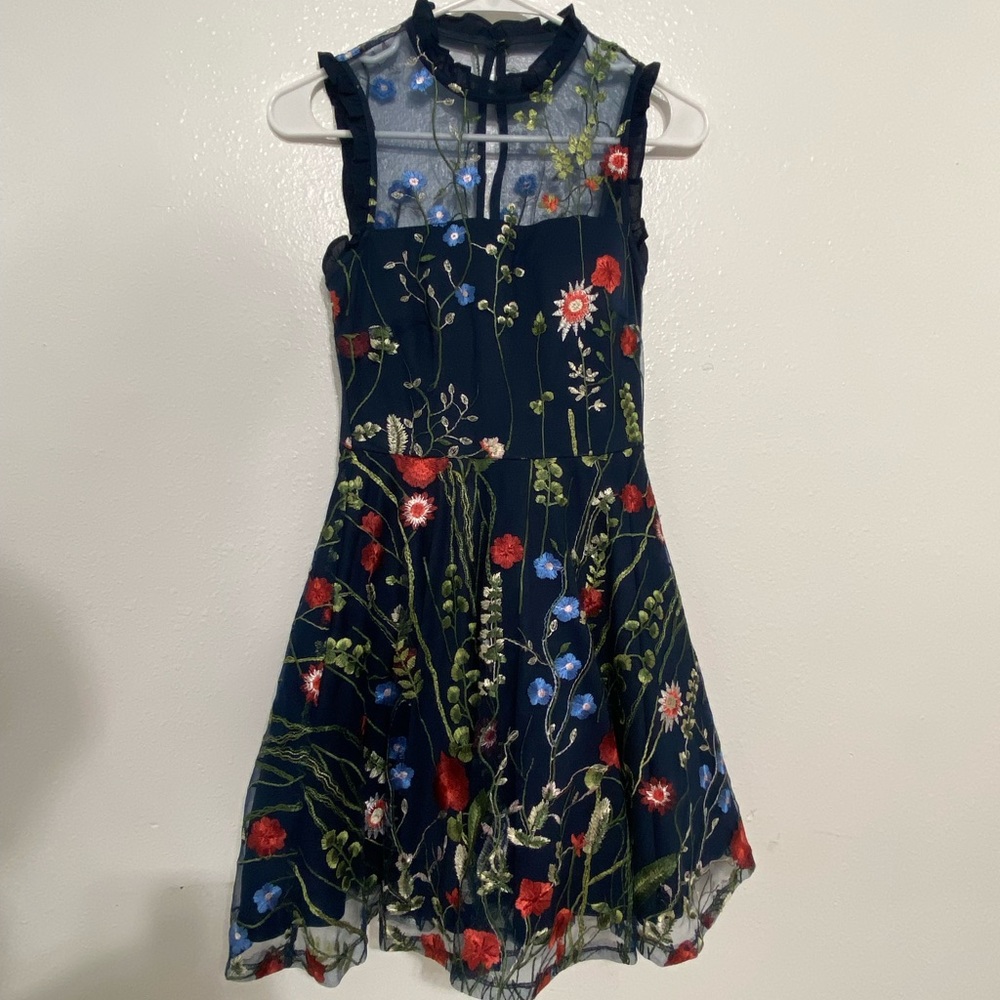 Embroidered navy blue floral dress